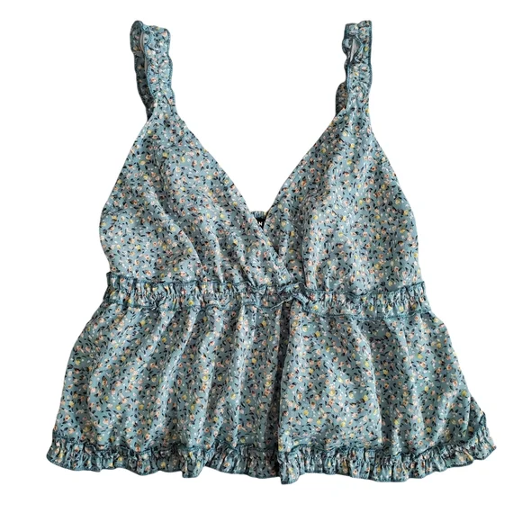SHEIN Blue Floral Ruffle Babydoll Cropped Tank Top - Picture 7 of 7